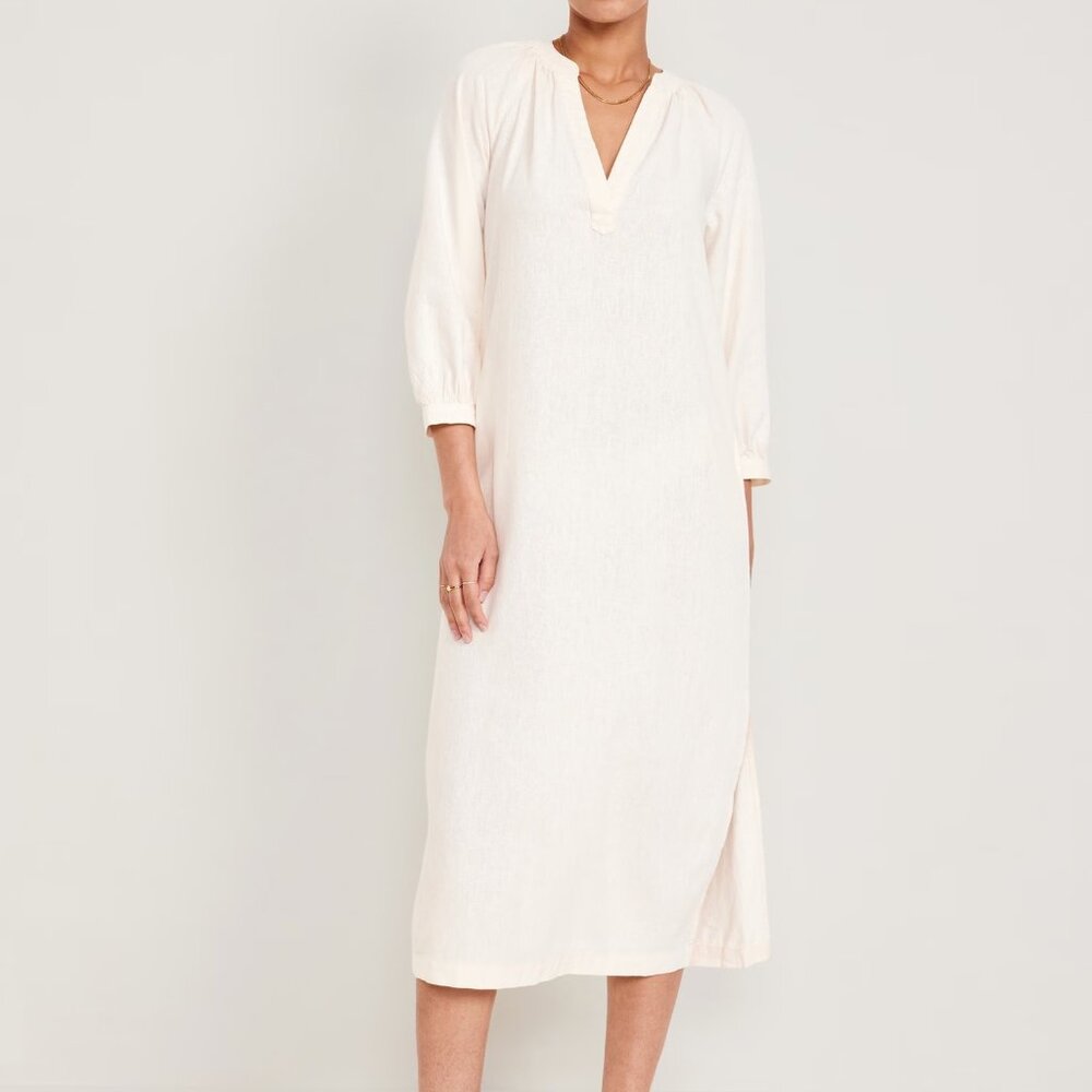 Old Navy Split-Neck Linen-Blend Midi Dress Size Small Tall
